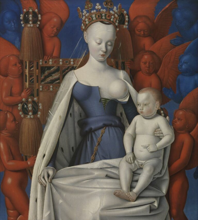 Jean Fouquet, La Vierge à l’enfant entourée d’anges, 1450, huile sur panneau, 0,855m x 0,945m, Musée royal des beaux-arts d’Anvers. <span></span>
